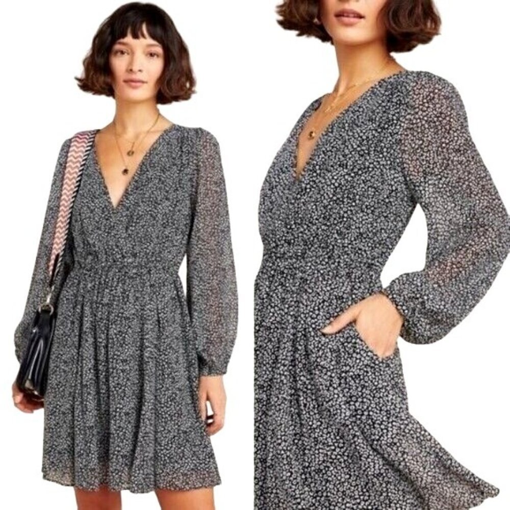 Maeve Anthropologie Black And White Leopard Print Carolyn Mini Dress Size S‎